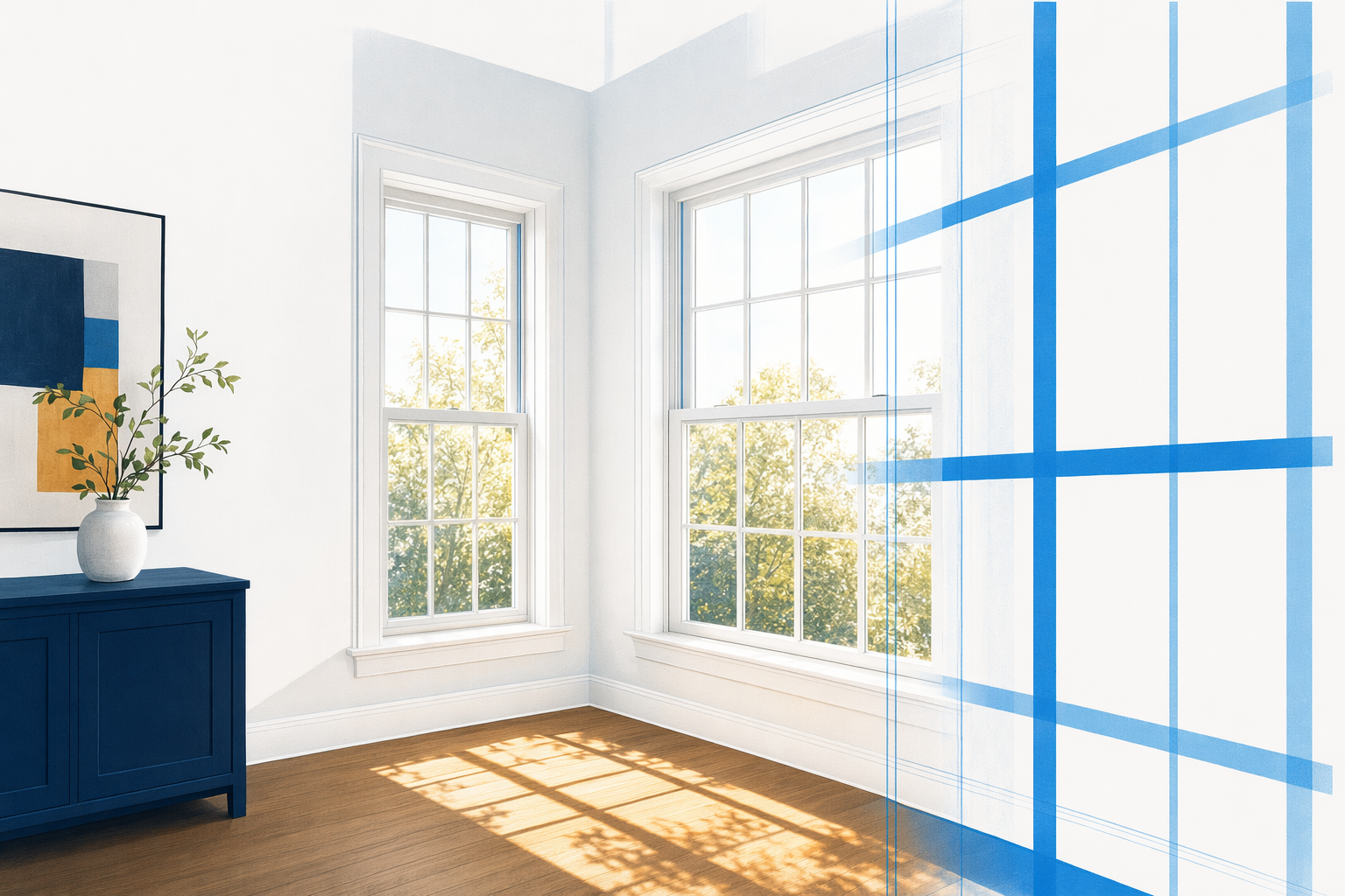 A bright living room with new energy-efficient windows letting in daylight
